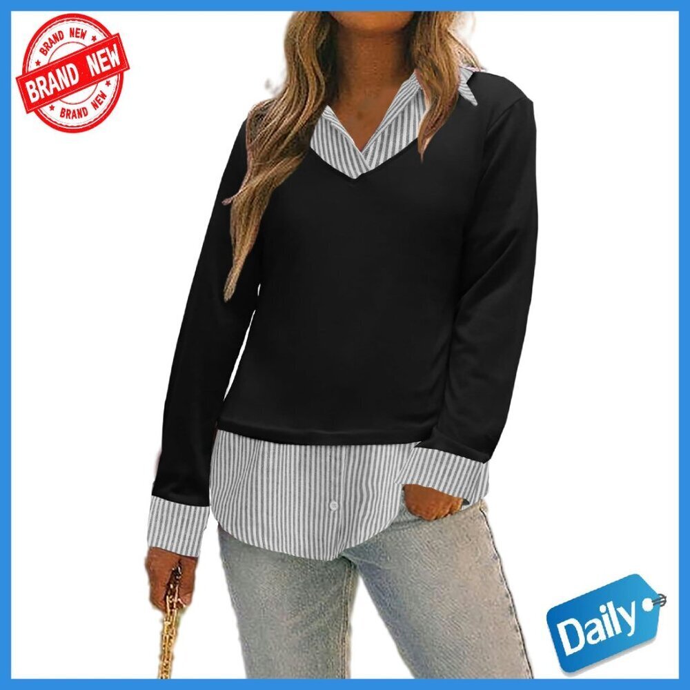Women's Casual Collared 2-in-1 Pullover Blouse Cotton Polyester Top